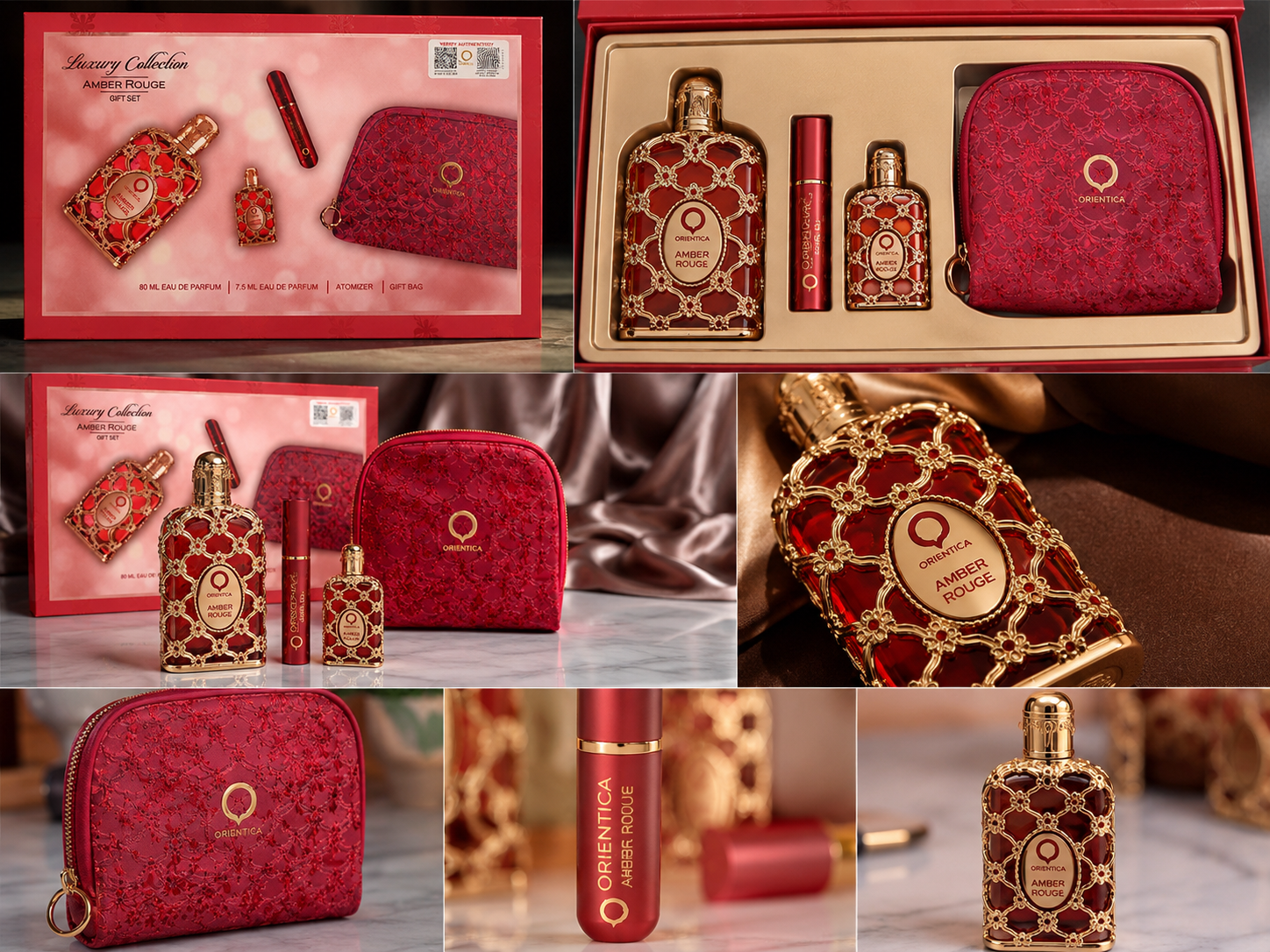 Orientica Amber Rouge – 80 ml Eau de Parfum + 7.5 ml Eau de Parfum + Atomizador + Bolso de regalo ❤️✨