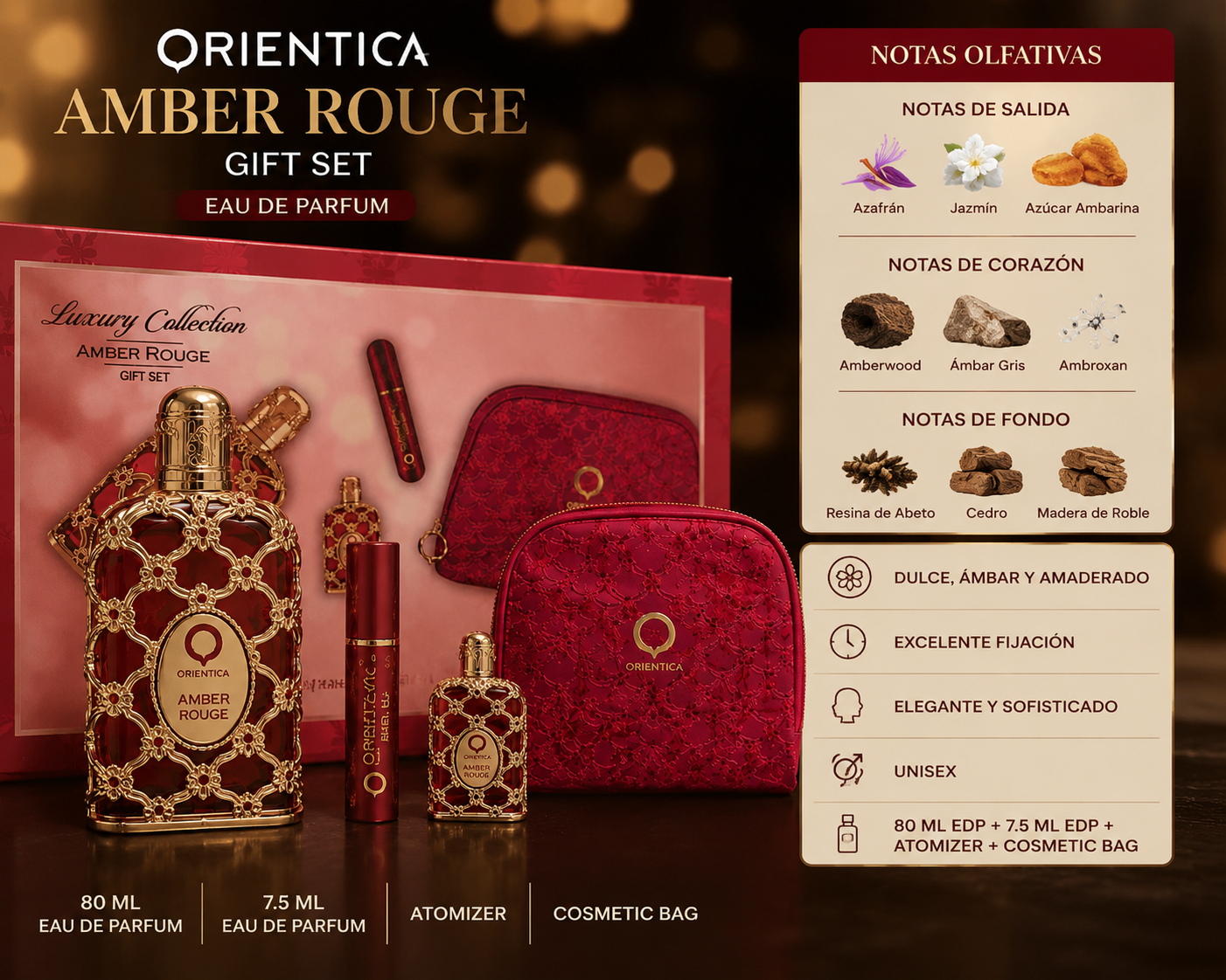 Orientica Amber Rouge – 80 ml Eau de Parfum + 7.5 ml Eau de Parfum + Atomizador + Bolso de regalo ❤️✨