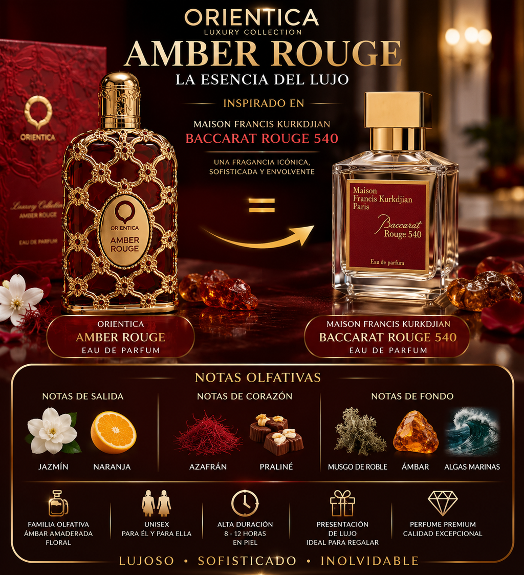 Orientica Amber Rouge – 80 ml Eau de Parfum + 7.5 ml Eau de Parfum + Atomizador + Bolso de regalo ❤️✨