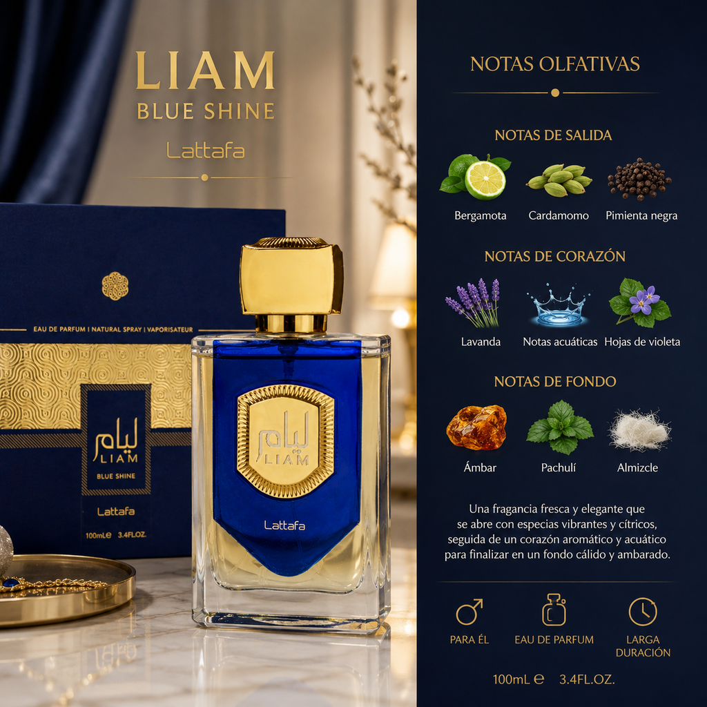 LIAM BLUE SHINE – LATTAFA
Eau de Parfum | 100 ml – 3.4 fl. oz.